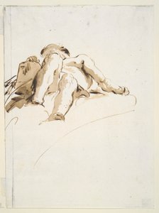 下から見た、石のタブレットに右手を置いてリクライニングしている男性の裸体 作： Giovanni Battista Tiepolo