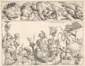 ローマの武器、標準、およびトロフィー。1774年に2つの水平バンドに分割された構成。 作： Giovanni Battista Tiepolo