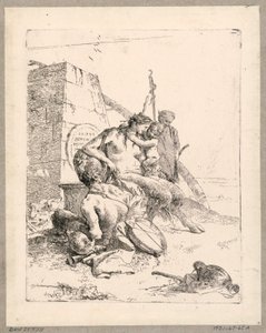 オベリスクのあるサテュロスの家族、スケルツィ ディ ファンタジアのプレート 11 作： Giovanni Battista Tiepolo