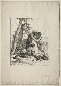 スケルツィ・ディ・ファンタジア: 燃える頭を二人の若者に向ける魔術師 作： Giovanni Battista Tiepolo