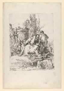 スケルツィ ディ ファンタジアの着席魔術師、少年、4 体の人物。 1743-50。 作： Giovanni Battista Tiepolo