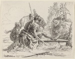 周囲の人物と一緒に墓に座っている兵士 作： Giovanni Battista Tiepolo