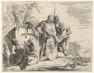 18世紀、3人の人物とヘビがスタッフに巻き付けられ、風景に囲まれました。 作： Giovanni Battista Tiepolo