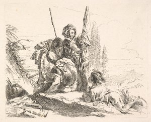 3人の兵士と風景の中で彼の腹部に横たわっている若者、兵士は...、ca。 1740-42。