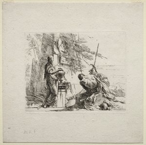 さまざまなカプリース：花瓶に手で立っている女性、1785年。 作： Giovanni Battista Tiepolo