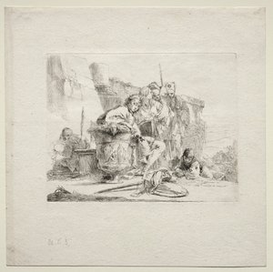 様々な気まぐれ：壷にもたれかかって座っている青年 作： Giovanni Battista Tiepolo
