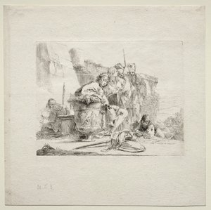 さまざまなカプリース：座っている若い男、骨壷に寄りかかる、1785年。 作： Giovanni Battista Tiepolo