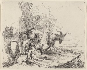 風景の中の女性、サテュロスの子供、ヤギ 作： Giovanni Battista Tiepolo