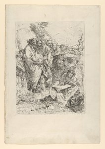 魔術師や他の人物の前でひざまずく女性、カリフォルニア州スケルツィから。 1743-50。 作： Giovanni Battista Tiepolo