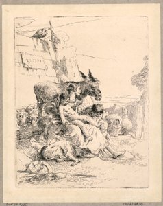 2人の子供と1頭のロバを持つ女性、『幻想曲スケルツィ』のプレート21 作： Giovanni Battista Tiepolo