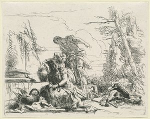 燃える骨の山に関する女性と男性 作： Giovanni Battista Tiepolo