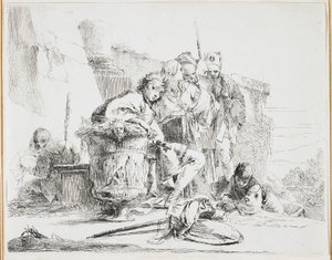 若い男が座っている、骨壷に寄りかかって、Vari Capricci（Various Caprices）のプレート、1740年代 作： Giovanni Battista Tiepolo