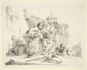 ヴァリ・カプリッチシリーズより、壷に座って寄りかかる青年 作： Giovanni Battista Tiepolo