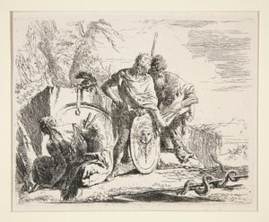 ヴァリ・カプリッチシリーズより、哲学者と座る女の若い兵士 作： Giovanni Battista Tiepolo