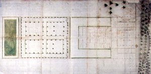 アグナノにあるメディチ家の別荘の平面図（紙にペンとインク、ウォッシュ） 作： Giovanni Battista da Sangallo