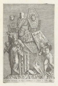 Trofee van wapans, een vrouwenfiguur en engelen 一部の人が考える大理石のトロフィー (...) (オブジェクトのタイトル) ローマのアンティーク彫刻（シリーズタイトル） 公共の場所で見られるローマ市の古代の彫像のアイコン (シリーズ タイトル) 作： Giovanni Battista de