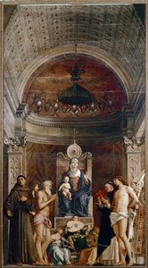 聖ヨブの祭壇画。聖母子と6人の聖人と音楽家の天使たち（パネルにテンペラ、約1487年 作： Giovanni Bellini