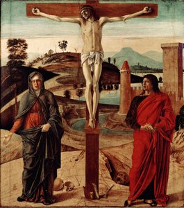 カルヴァリーまたは磔刑。ジョヴァンニ・ベッリーニ（ジャンベッリーノ）（1432-1516）による絵画。寸法：71x63cm。フィレンツェ、Coll.コンティーニ・ボナコッシ 作： Giovanni Bellini