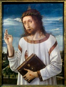 キリストのベンチの絵 ジョヴァンニ・ベリーニ（イル・ジャンベッリーノ）（1430-1516） 1460年 日0,58x0,46 m - Christ Blessing.ジャンベッリーノと呼ばれるジョヴァンニ・ベリーニ（1430-1516）の絵画 1460年0.58 x 0.46 m. ルーヴル美術館（パリ）。