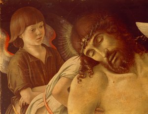 天使に支えられたピエタまたは死んだキリスト、1474年頃、ジョヴァンニ・ベッリーニ（1431-36 - 1516）作、パネルにテンペラ、91x131cm。 詳細。 作： Giovanni Bellini