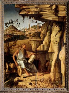 砂漠の聖ジェローム 絵画 ジョヴァンニ・ベッリーニ（イル・ジャンベッリーノ）（約1430-1516） 1479年 薄暗い 145x114 cm フィレンツェのピッティ宮殿 作： Giovanni Bellini