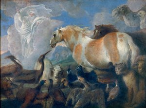 創造（ジェネシス）。 ジョヴァンニ ベネデット カスティリオーネ (1610-1665) の絵画、キャンバスに油彩、17 世紀半ば。 イタリア美術（ジェノバ） 作： Giovanni Benedetto Castiglione