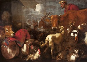 アニマルズ ボード ノアの箱舟 - カスティリオーネ、ジョヴァンニ ベネデット (1610-1665) によるアニマルズ ボード ノアの箱舟。 キャンバスに油彩、サイズ: 170x238 作： Giovanni Benedetto Castiglione