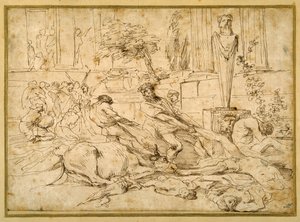 アシュドッドの疫病 (紙にペンとインク) 作： Giovanni Benedetto (1609 64) Castiglione