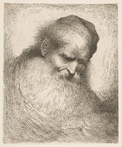 シリーズ「Heads in Or...」より、右を見下ろす帽子をかぶったあごひげを生やした男性。 1648-50。 作： Giovanni Benedetto Castiglione