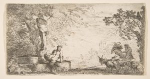 プリアポスの像のふもとに横たわるサテュロス、右側のヤギ、およそ。 1645-48。 作： Giovanni Benedetto Castiglione