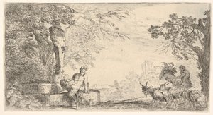 プリアポスの像のふもとに横たわるサテュロス、右側のヤギ、およそ。 1645-48。 作： Giovanni Benedetto Castiglione