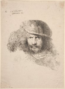 羽のついた帽子をかぶった若い男性の頭部 (いわゆる自画像) 作： Giovanni Benedetto Castiglione