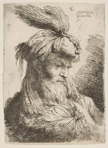 小さな頭のシリーズから、ターバンが右向きのひげを生やした男性の頭...、ca。 1645-1650。 作： Giovanni Benedetto Castiglione
