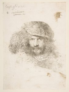 ベルニーニの羽毛の帽子をかぶった男の頭、おそらく自画像... 1645-1650。 作： Giovanni Benedetto Castiglione