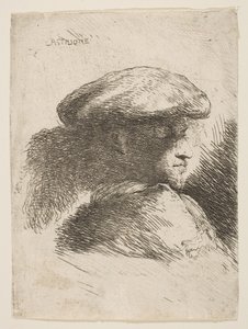 「Or... の Small Heads」シリーズより、毛皮の帽子をかぶった右向きの横顔の男性。 1645-1650。 作： Giovanni Benedetto Castiglione