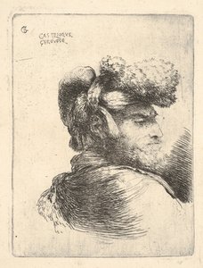 横向きの男性、毛皮の帽子をかぶった、Or ... 1645-1650。 作： Giovanni Benedetto Castiglione