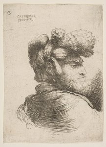 横向きの男性、毛皮の帽子をかぶった、Or ... 1645-1650。 作： Giovanni Benedetto Castiglione