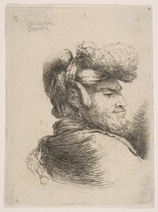 横顔の男、毛皮の帽子をかぶっており、Orieの一連のSmall Headsから、ca。 1645-50。 作： Giovanni Benedetto Castiglione