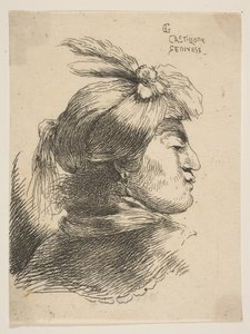 プルームとリボンで飾られた小さなターバンを身に着けている男。 1645-1650。 作： Giovanni Benedetto Castiglione