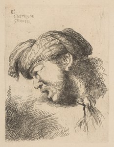 シリーズのターバン、首にネクタイを締め、左を向いたネクタイを身に着けている男...、ca。 1645-50。 作： Giovanni Benedetto Castiglione