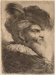 長いあごひげと頭飾りの男、右向き 作： Giovanni Benedetto Castiglione