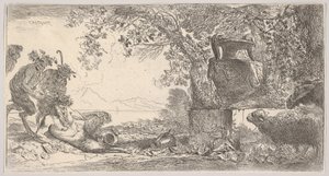 左にリクライニングするパン、2つの立っているサテュロス、右の台座にある大きな花瓶1645年。 作： Giovanni Benedetto Castiglione