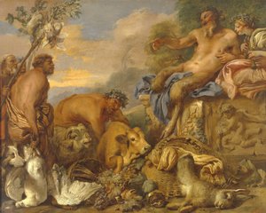 贈り物を運ぶサテュロス、1640 年代初頭。 作： Giovanni Benedetto Castiglione