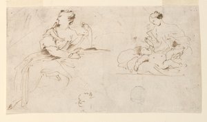 座っている女性と母と子 作： Giovanni Benedetto Castiglione