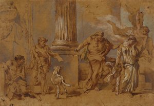 ハガルの追放、1640年頃（黄褐色の紙に赤茶色、青緑、白のオイルペイントとブラシ） 作： Giovanni Benedetto Castiglione