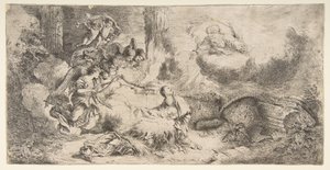 聖母子、右上の父なる神、左の天使、ca。 1647-50。 作： Giovanni Benedetto Castiglione