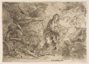 天使がジョセフをヴァージンアンドチャイルドの存在に目覚めさせた。 1645-49。 作： Giovanni Benedetto Castiglione