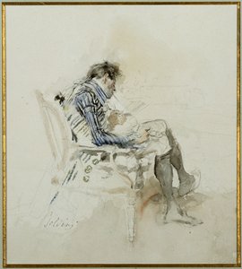 本を読んでパイプを吸う肘掛け椅子に座っている紳士 作： Giovanni Boldini