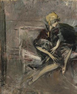 彼女の犬と一緒に黄色の帽子の女性 作： Giovanni Boldini