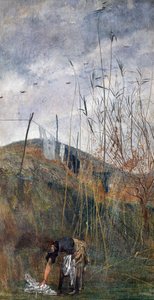 農民の女性が洗濯物を拾う様子 作： Giovanni Boldini